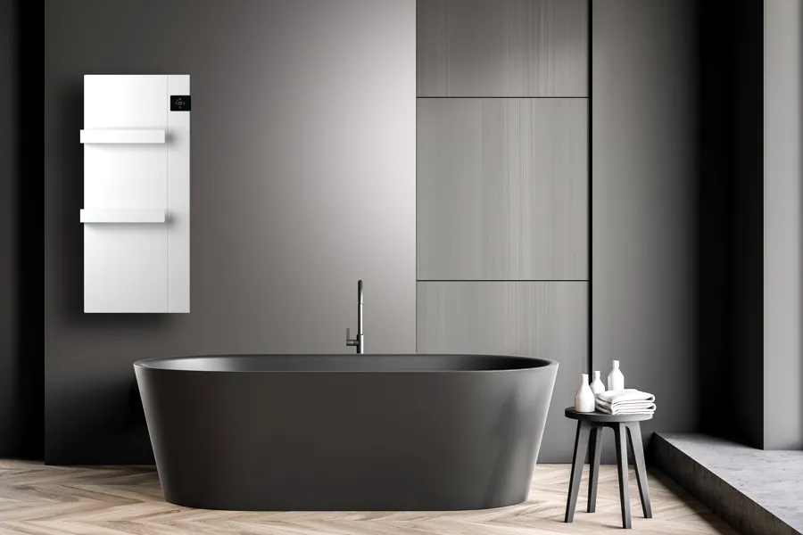 Vista frontale dello scalda salviette Onsen bianco con 2 barre