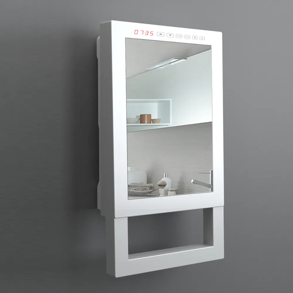 lato sinistro di termoventilatore da bagno appeso quadrato bianco con specchio e barra portasalviette